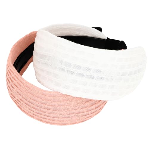 Padorul 2 Stück breite Stirnbänder für Frauenhaar – bequemer, rutschfester Stretch-Strick, modischer Haarschmuck (rosa weiß) von Padorul