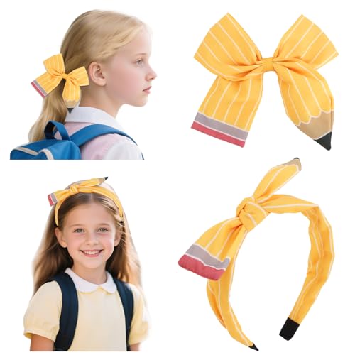 Padorul 2-teiliges Set mit Bleistiftschleife, Haarspange und Stirnband, gelber Bleistift, gemustertes Haarzubehör-Set für die Schule, spezielles Haarband und Haarnadel-Set für Schüler von Padorul