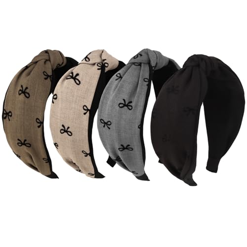 Padorul 4 x geknotete Stirnbänder mit Schleifen-Druck für Damen und Mädchen – dehnbare, breite Stoff-Haarbänder, modisches, rutschfestes Haar-Accessoire, stilvolle Kopfwickel für Damen von Padorul