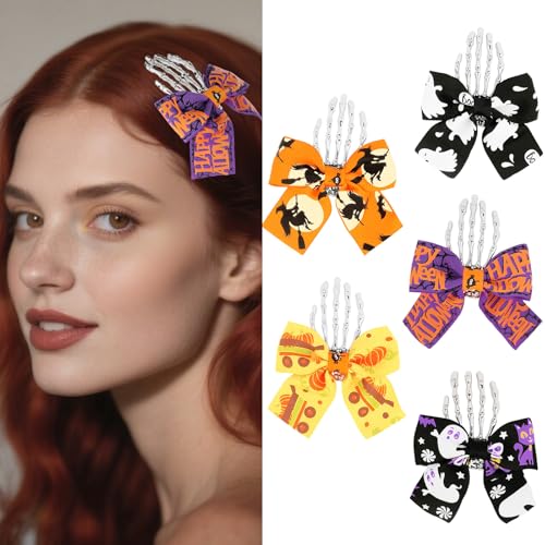 Padorul 5 Stück Halloween-Haarspangen mit Schleife, Skelett-Handhaarnadeln, Gothic-Haarschmuck für Frauen und Mädchen, Cosplay-Party-Haardekoration von Padorul