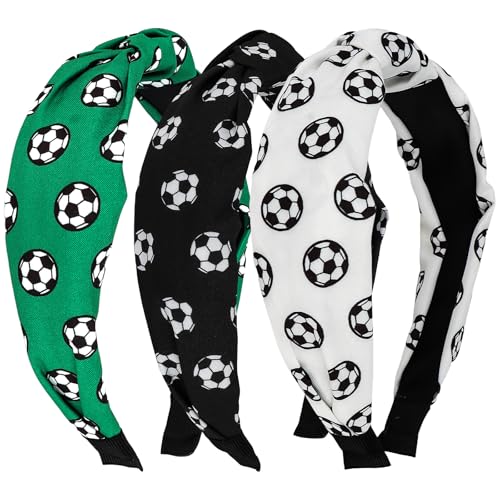 Padorul Breiter Fußball-Druck geknotete Stirnbänder für Frauen – 3 Stück modische weiche Stoff-Haarbänder (grün, schwarz, weiß) – stilvolle Accessoires für Freizeit-, Alltags- und Sport-Outfits von Padorul