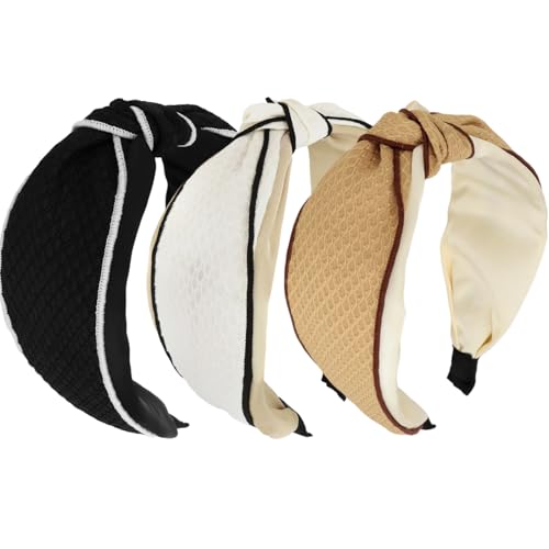 Padorul Haarreif mit Waffelknoten, breites elastisches Stoff-Haarband für Damen und Mädchen, dehnbares Kopfband, Haar-Accessoires (weiß, schwarz, braun), 3 Stück von Padorul