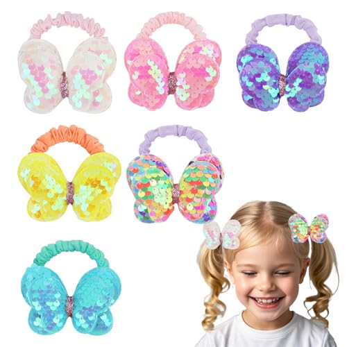 Padorul Schmetterlings-Haargummis für Mädchen, glitzernde Regenbogen-Pailletten-Pferdeschwanz-Halter – niedliches Haar-Accessoire für Damen, 6 Stück von Padorul