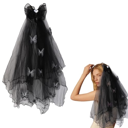 Padorul Schwarze Schleife Hochzeitsschleier mit Haarspange, Halloween Party Brautzubehör, Spitze Brautschleier für Frauen, Junggesellinnenabschied, Gothic Hochzeitsschleier Padorul Schwarze Schleife Hochzeitsschleier mit Haarspange, Halloween Party Brautzubehör, Spitze Brautschleier für Frauen, Junggesellinnenabschied, Gothic Hochzeitsschleier von Padorul