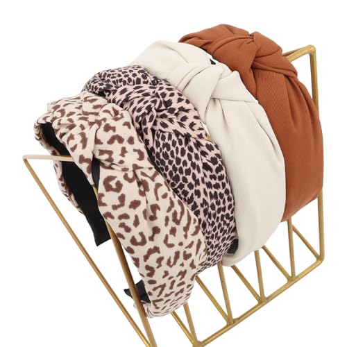 Padorul Stilvolle Boho-Stirnbänder für Damen – breite geknotete Haarbänder in Leopardenmuster und einfarbigen Farben (Braun/Beige), rutschfestes Mode-Accessoire für den täglichen Gebrauch, 4 Stück von Padorul