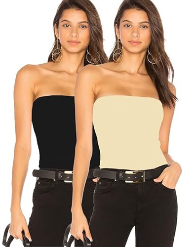 Pafnny Schlauch-Tops mit integriertem BH, Baumwolle, trägerlose Camisoles für Damen, Bandeau-Tops, Nude+Schwarz, Klein von Pafnny