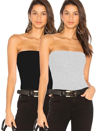 Pafnny Schlauch-Tops mit integriertem BH, Baumwolle, trägerlose Camisoles für Damen, Bandeau-Tops, Schwarz + Grau, Klein von Pafnny