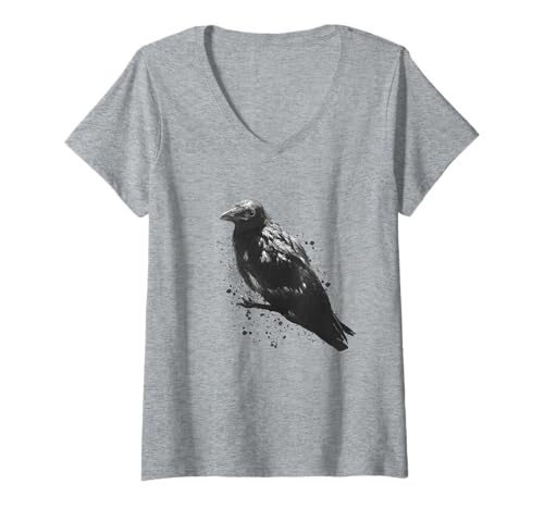 Damen Mystischer Schwarzer Rabe Gothic Krähe Natur Tier Symbol T-Shirt mit V-Ausschnitt von Pagan and Wicca Art by Christine Krahl