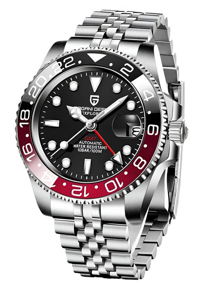 Pagani Design Automatikuhr Herren Uhr Edelstahl Armbanduhr Herrenuhr GTM Drehbare Lünette, (inkl. Geschenkbox, mit Armbandkürzer), 40 mm Männer Uhr Saphirglas 100M Wasserdicht Mechanisch Datum Lupe von Pagani Design