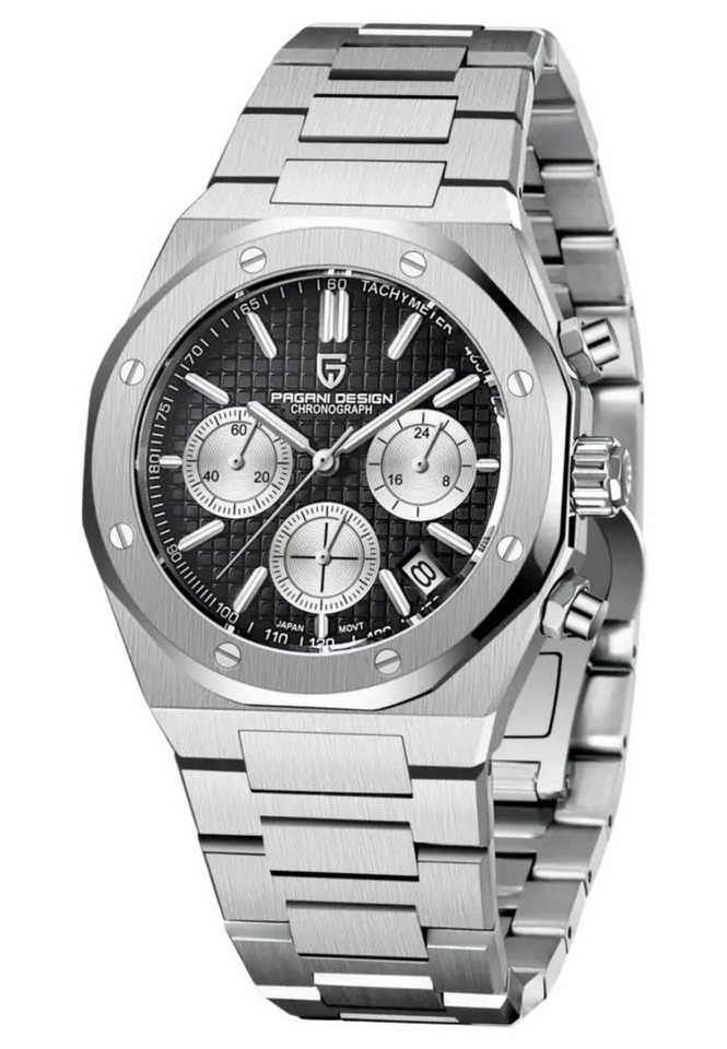 Pagani Design Quarzuhr Herren Uhr Chronograph Armbanduhr Edelstahl Blau Schwarz Wasserdicht, (Packung, Pagani), Chronograph, Edelstahlgehäuse, Saphirglas, Leuchtzeiger 40mm von Pagani Design