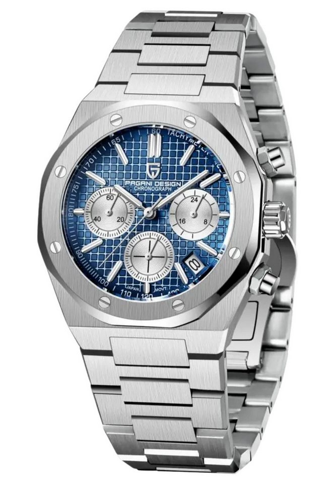 Pagani Design Quarzuhr Herren Uhr Chronograph Armbanduhr Edelstahl Blau Schwarz Wasserdicht, (Packung, Pagani), Chronograph, Edelstahlgehäuse, Saphirglas, Leuchtzeiger 40mm von Pagani Design