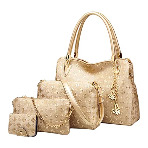 Pahajim Handtasche Damen Handtaschen Set, Mode Frauen Taschen Set Mittelgroß Umhängetasche Damenhandtasche Portemonnaie Tasche Set 4 Teilig für Arbeit Einkaufen Party Reisen (Gold) von Pahajim