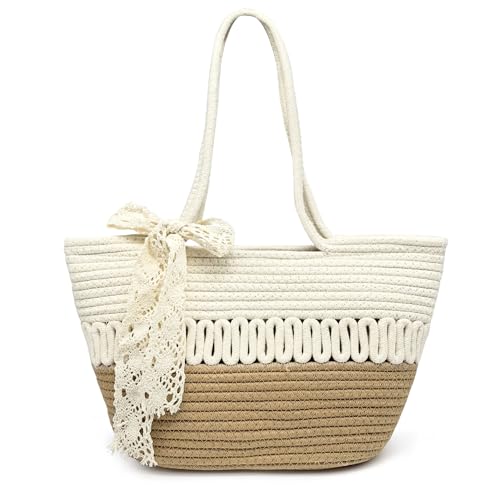 Pahajim Tote Bag Damen Geflochtene Tasche Sommer Handtasche Häkeltasche Korbtasche mit Reißverschluss Strohtaschen Basttasche Flechttasche aus Baumwollseil von Pahajim