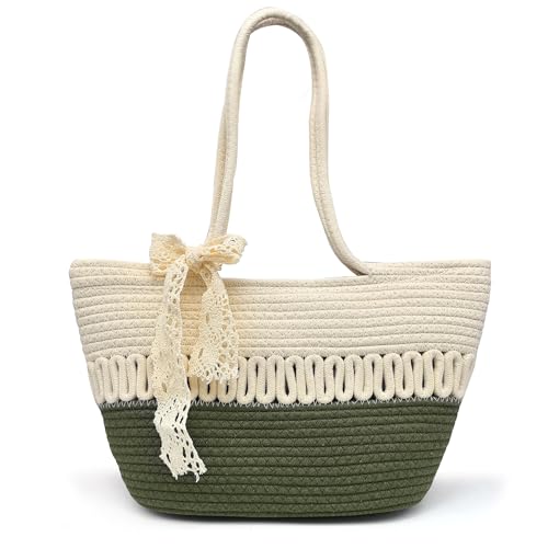 Pahajim Tote Bag Damen Geflochtene Tasche Sommer Handtasche Häkeltasche Korbtasche mit Reißverschluss Strohtaschen Basttasche Flechttasche aus Baumwollseil von Pahajim