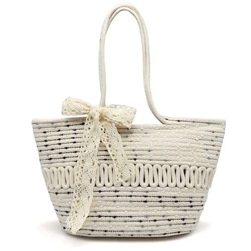 Pahajim Tote Bag Damen Geflochtene Tasche Sommer Handtasche Häkeltasche Korbtasche mit Reißverschluss Strohtaschen Basttasche Flechttasche aus Baumwollseil von Pahajim