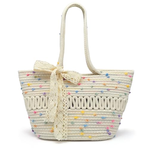 Pahajim Tote Bag Damen Geflochtene Tasche Sommer Handtasche Häkeltasche Korbtasche mit Reißverschluss Strohtaschen Basttasche Flechttasche aus Baumwollseil von Pahajim