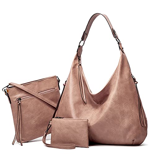Pahajim Handtasche Damen Leder Handtaschen Set mit Geldbörse Shopper Tasche Damen Groß Hobo Umhängetasche Damen für Arbeit Einkaufen(Pink) von Pahajim