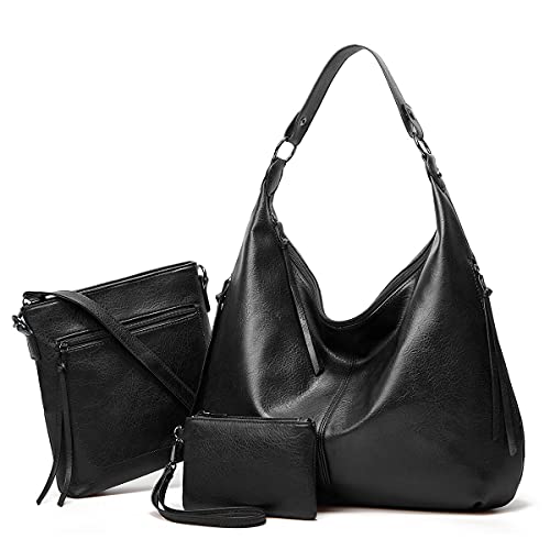 Pahajim Handtasche Damen Leder Handtaschen Set mit Geldbörse Shopper Tasche Damen Groß Hobo Umhängetasche Damen für Arbeit Einkaufen(Schwarz) von Pahajim