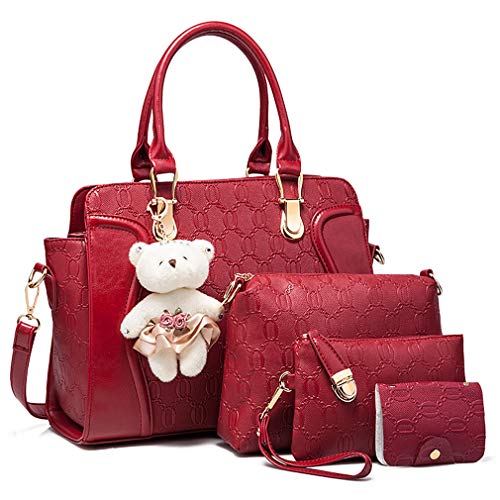 Pahajim Handtasche Damen Mittelgroß Elegant Taschen Set für Damen 4 Teile, Frauen Handtaschen Set mit Geldbörse Umhängetasche PU Leder Modern Handbags for Women (Rot) von Pahajim