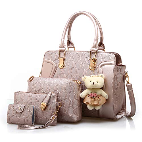 Pahajim Handtasche Damen Mittelgroß Elegant Taschen Set für Damen 4 Teile, Frauen Handtaschen Set mit Geldbörse Umhängetasche PU Leder Modern Handbags for Women (Rose Gold) von Pahajim