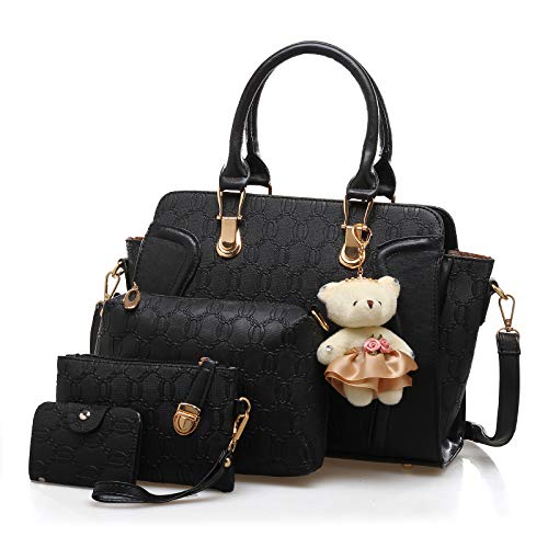 Pahajim Handtasche Damen Mittelgroß Elegant Taschen Set für Damen 4 Teile, Frauen Handtaschen Set mit Geldbörse Umhängetasche PU Leder Modern Handbags for Women (Schwarz) von Pahajim