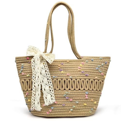 Pahajim Tote Bag Damen Geflochtene Tasche Sommer Handtasche Häkeltasche Korbtasche mit Reißverschluss Strohtaschen Basttasche Flechttasche aus Baumwollseil von Pahajim