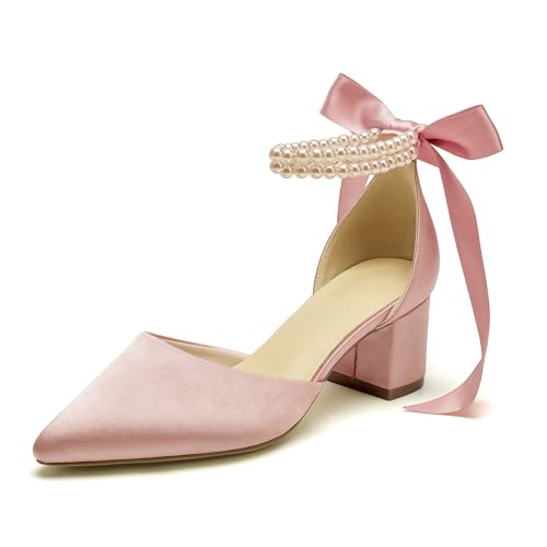 Damen Geschlossene Zehen Hochzeitsschuhe Chunky Block Heels mit Perlen Satin Pumps Knöchelriemen Abschlussball Abend Party Schuhe, Dusty Rose, 39 EU von Pahelyin
