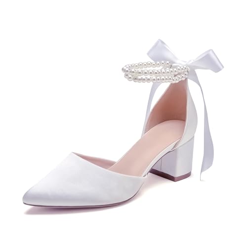 Damen Geschlossene Zehen Hochzeitsschuhe Chunky Block Heels mit Perlen Satin Pumps Knöchelriemen Abschlussball Abend Party Schuhe, Weiss/opulenter Garten, 42.5 EU von Pahelyin