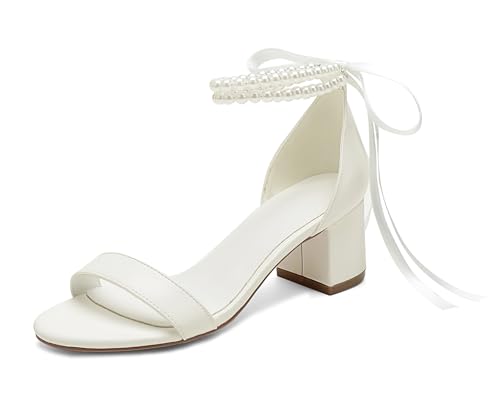 Pahelyin Damen Blockabsatz Perle Hochzeitsschuhe für Braut Offene Zehen Chunky Low Heel Brautschuhe, Elfenbein, 38 EU von Pahelyin