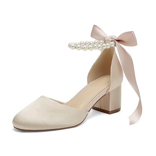 Pahelyin Damen Runde Zehe Satin Hochzeitsschuhe Chunky Block Heels mit Perlen Brautpumps Knöchelriemen Abschlussball Abend Party Schuhe Sandalen, Champagner, 42.5 EU von Pahelyin