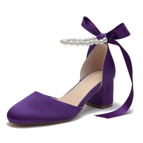Pahelyin Damen Runde Zehe Satin Hochzeitsschuhe Chunky Block Heels mit Perlen Brautpumps Knöchelriemen Abschlussball Abend Party Schuhe Sandalen, Dunkles Violett, 41.5 EU von Pahelyin