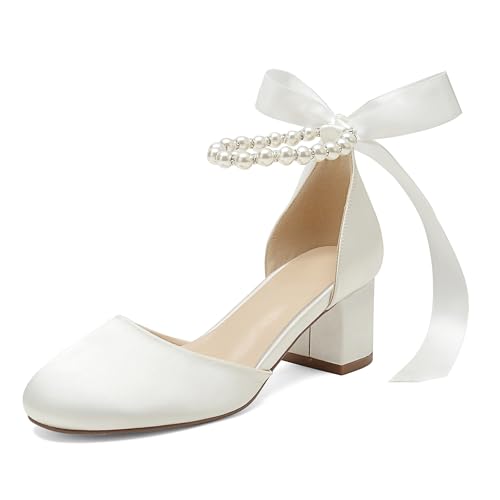 Pahelyin Damen Runde Zehe Satin Hochzeitsschuhe Chunky Block Heels mit Perlen Brautpumps Knöchelriemen Abschlussball Abend Party Schuhe Sandalen, Elfenbein, 41.5 EU von Pahelyin