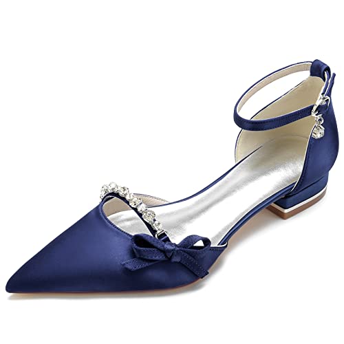 Pahelyin Damen Satin Kristall Hochzeit Flats Pumps Schuhe für Braut Spitz Zehen Abschlussball Abend Party Kleid Flats, Marineblau, 41 EU von Pahelyin