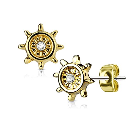 1 Paar Ohrstecker STEUERRAD in gold aus Chirurgenstahl - Ohrringe für normale Ohrlöcher von Pain-is-Art