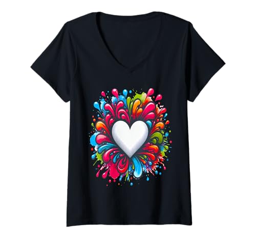 Damen Buntes Herz mit Farbklecks T-Shirt mit V-Ausschnitt Damen Buntes Herz mit Farbklecks T-Shirt mit V-Ausschnitt von Paint Blob Paint Splatter Blob of Paints Colorful
