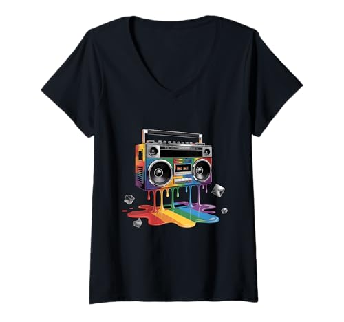 Damen Rainbow Dripping Paint Boombox Oldschool 80er Jahre Musik Hip Hop T-Shirt mit V-Ausschnitt von Paint Boombox OldSchool 80s Music Hip Hop