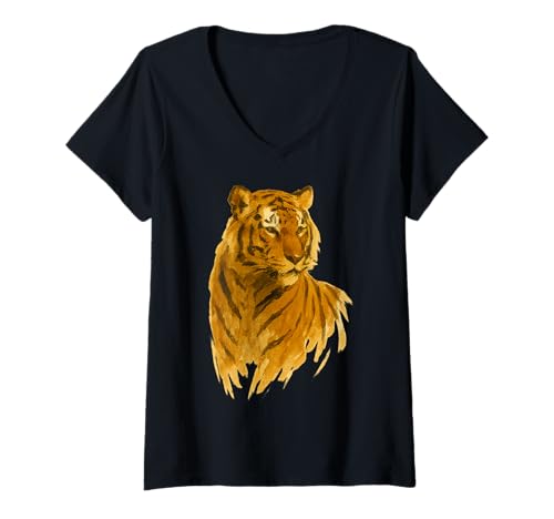 Damen Aquarell Tiger Kunstwerk Malerei Tierdruck T-Shirt mit V-Ausschnitt von Paint Brush Animals