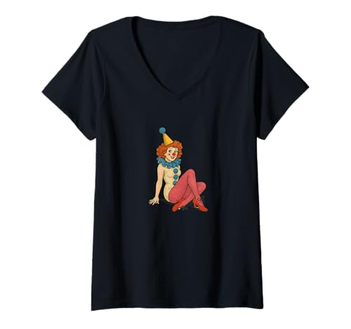 Damen Retro Clown Mädchen Pinup Kostüm Zirkus Karneval Aesthetic T-Shirt mit V-Ausschnitt von Painted Moon Circus