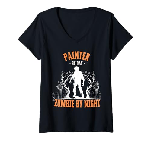 Damen Maler von Tag Zombie bei Nacht Lustiges Halloween Gruselig Gruselig T-Shirt mit V-Ausschnitt Damen Maler von Tag Zombie bei Nacht Lustiges Halloween Gruselig Gruselig T-Shirt mit V-Ausschnitt von Painter Halloween Career Costumes