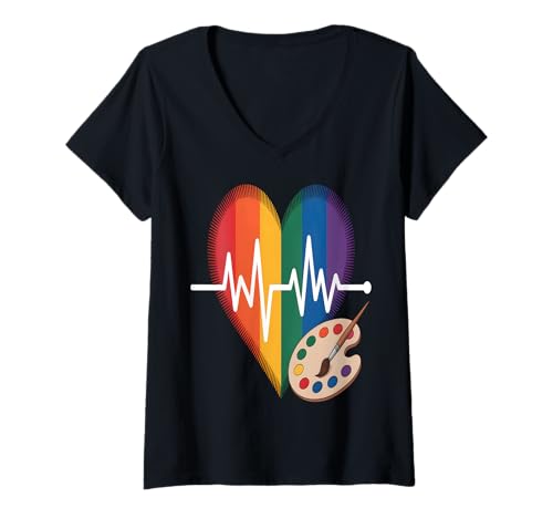 Damen Rainbow Heartbeat Artist Pride T-Shirt mit V-Ausschnitt Damen Rainbow Heartbeat Artist Pride T-Shirt mit V-Ausschnitt von Painting Apparel