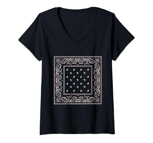 Damen Schwarzer Bandana-Druck T-Shirt mit V-Ausschnitt Damen Schwarzer Bandana-Druck T-Shirt mit V-Ausschnitt von Paisley Pattern Stylish Design