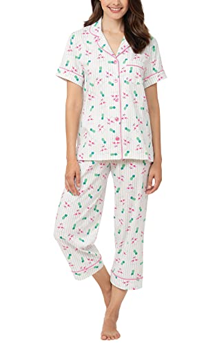 PajamaGram Baumwoll-Pyjama für Damen – Capri-Pyjama für Damen, 100 % Baumwolle, Flamingo Stripe, M von PajamaGram
