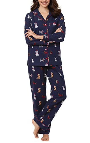 PajamaGram Flanell-Pyjama für Damen – Damen, Flanell-Pyjama, Haustierliebhaber, Marineblaue Weihnachtshunde, L von PajamaGram
