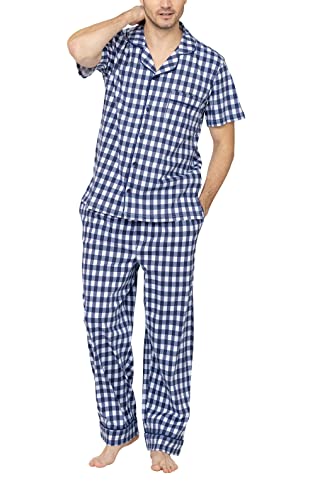 PajamaGram Pyjama für Herren – Herren-Pyjama-Sets, klassisch, 100% Baumwolle, Blaues Gingham - Kurzarm, X-Large von PajamaGram