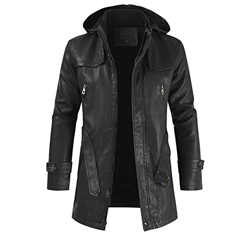 Pajiay Jacke Herren Regular Fit Einfarbig Mittlere Länge Jacke Aus Kunstleder Herren Plus Fleecefutter Wind- Und Wasserdicht Winterjacke Herren Abnehmbarer Hut Mit Gürtel von Pajiay