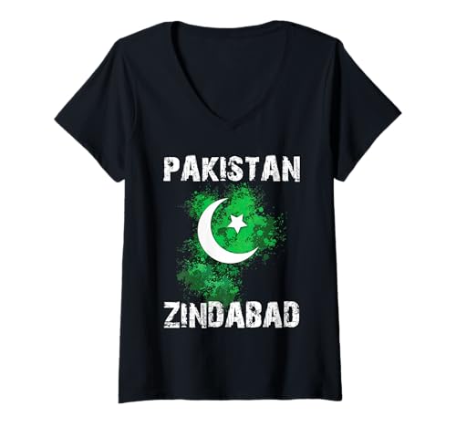 Damen Pakistan Zindabad Day Pakistan Flagge Halbmond Parade T-Shirt mit V-Ausschnitt Damen Pakistan Zindabad Day Pakistan Flagge Halbmond Parade T-Shirt mit V-Ausschnitt von Pakistan Zindabad Day