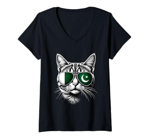 Damen Pakistanische Flagge Katze Gesicht Sonnenbrille Pakistan Flagge T-Shirt mit V-Ausschnitt von Pakistani Flag Designs