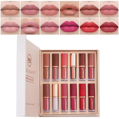 Pakivs 12Pcs Matte flüssiger Lippenstift Set,Lang Anhaltende Wasserdicht Samt Lip Gloss Non-Stick Cup Nude Lip Stain Makeup Geschenk-Set für Frauen von Pakivs
