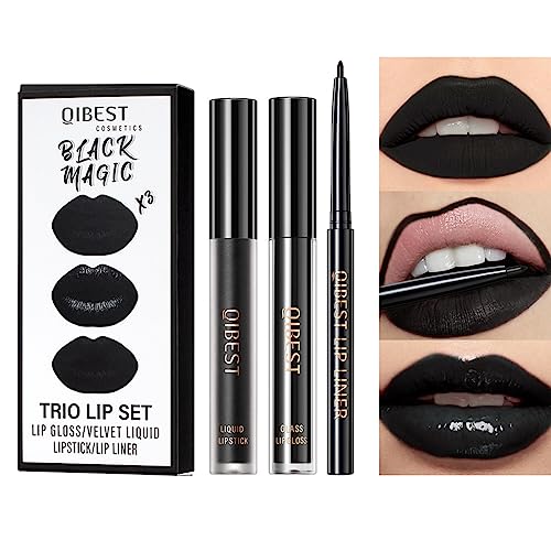 Pakivs 3 Stück Schwarz Matt Flüssiger Lippenstift,Lipliner,Lipgloss Trio Lippen Set Lang Anhaltende Wasserdichte Feuchtigkeitsspendende,Samtige Lippenstifte für Frauen von Pakivs
