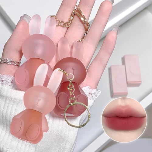 Pakivs 3Pcs Matte Lip Gloss Set,Niedlicher Kaninchen-Samt-Lippenstift,2 in 1 SchlüsselanhängerLippenstift,Wasserdichtes Antihaft-Gefäß Langanhaltender Lip Clay für Frauen von Pakivs
